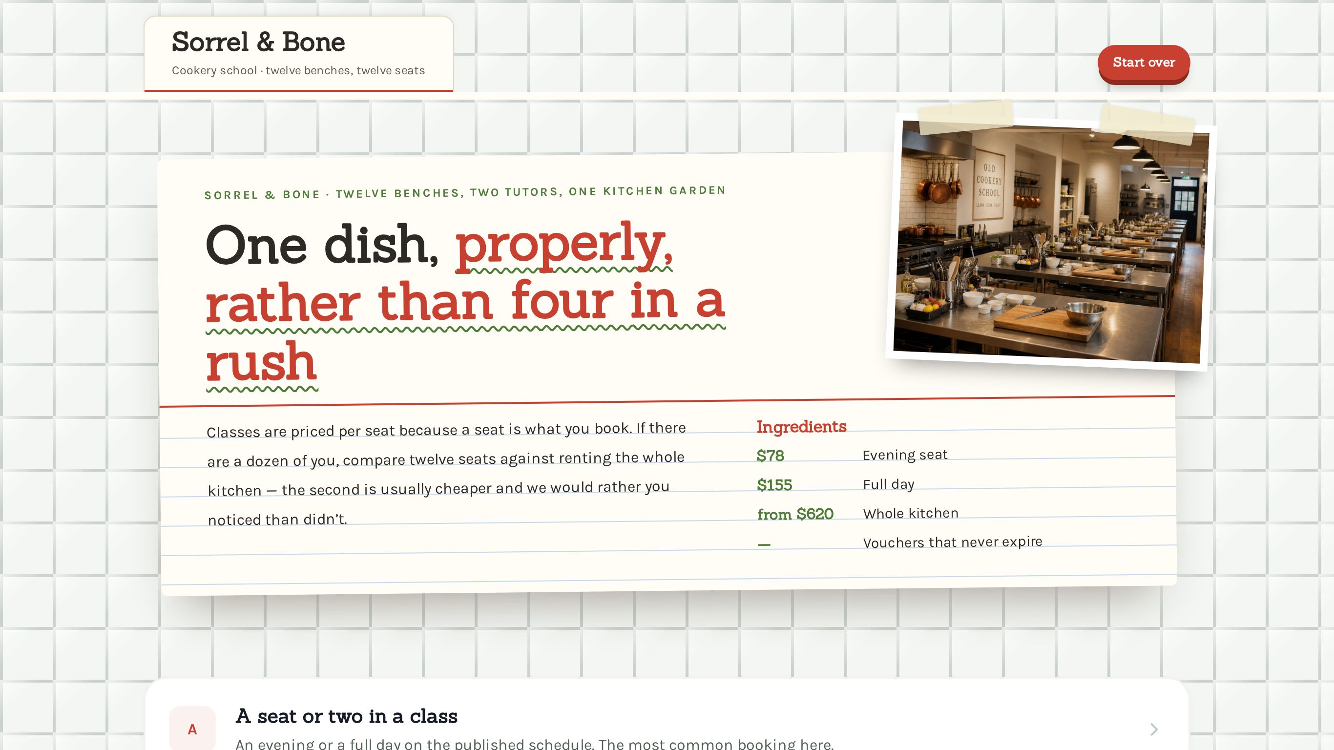 Cooking school class booking form template preview