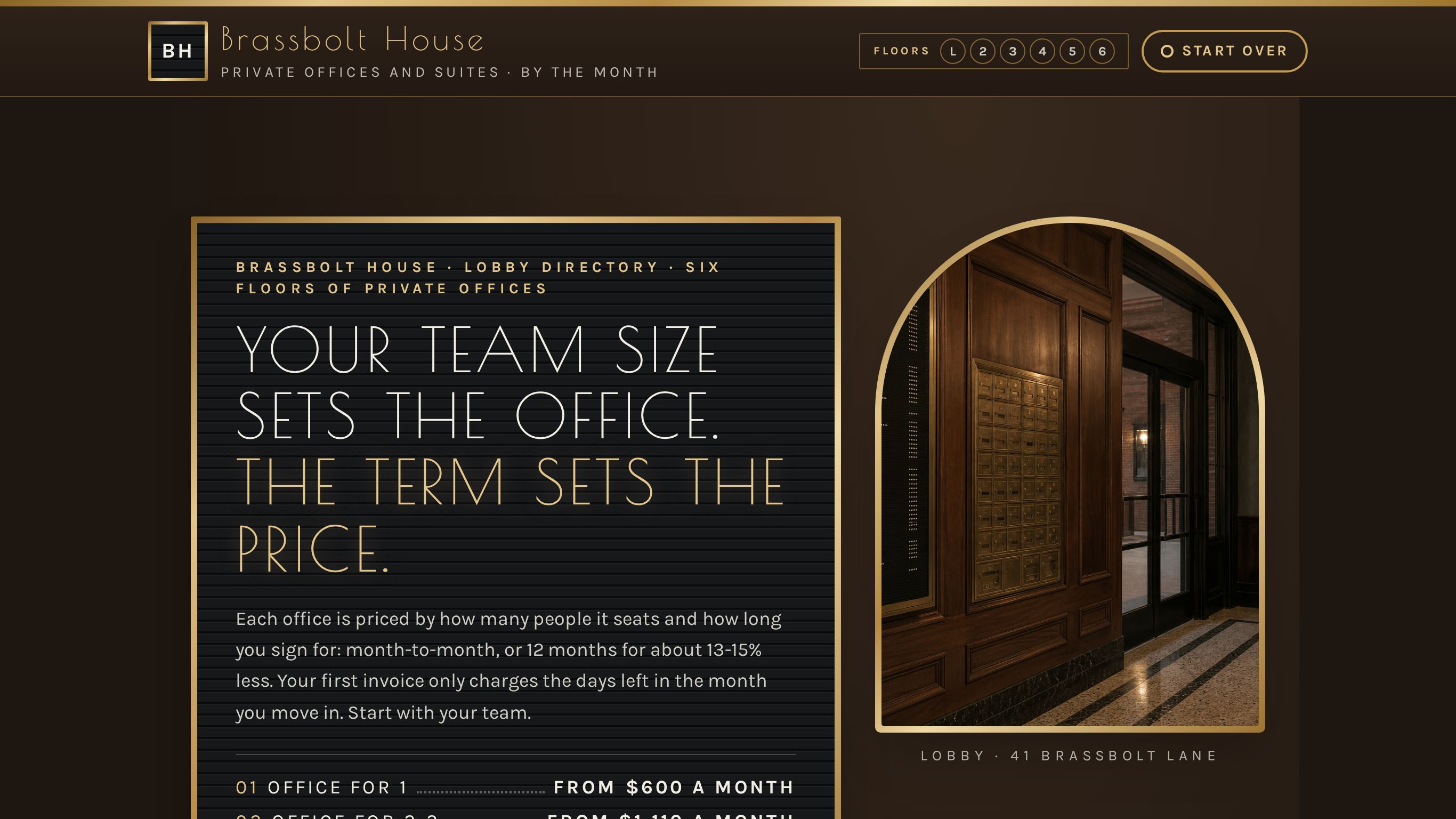 Brassbolt House Private Offices: the funnel's first screen