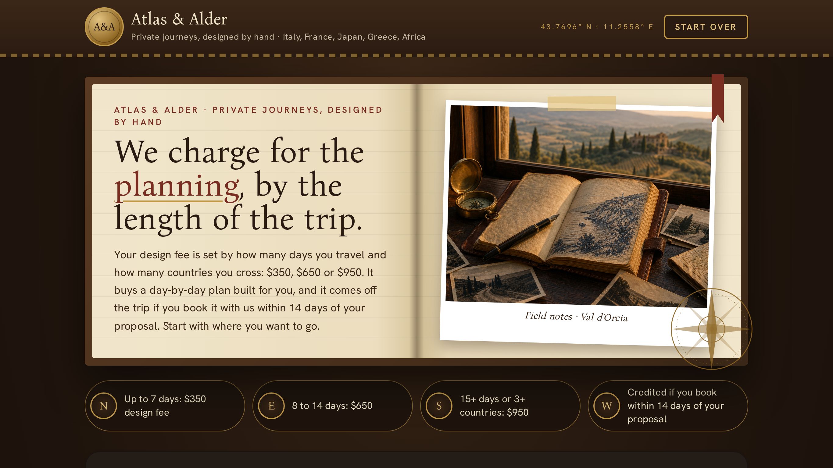 Atlas and Alder Private Journeys: the funnel's first screen